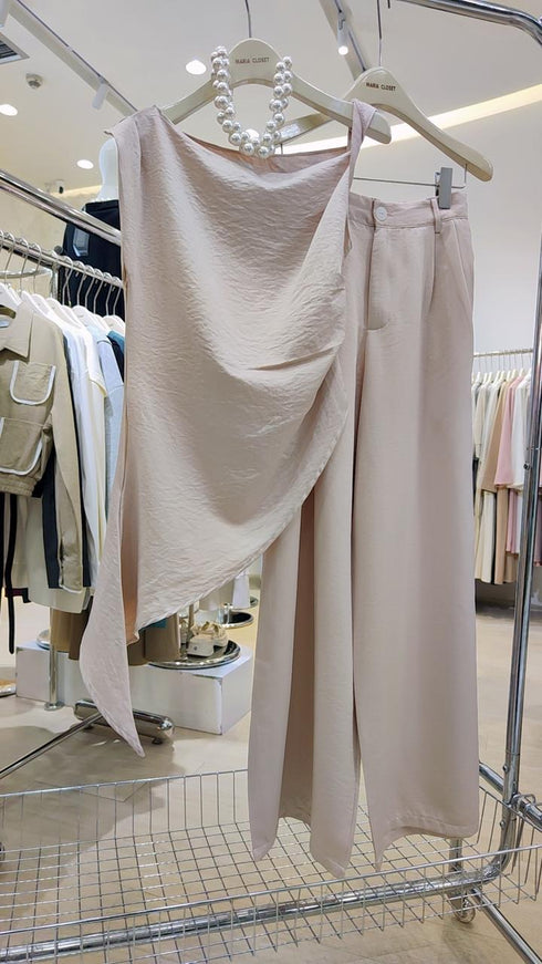 Ladies Safin Twist Asymmetrical Sleeves Blouse With Trousers Sets